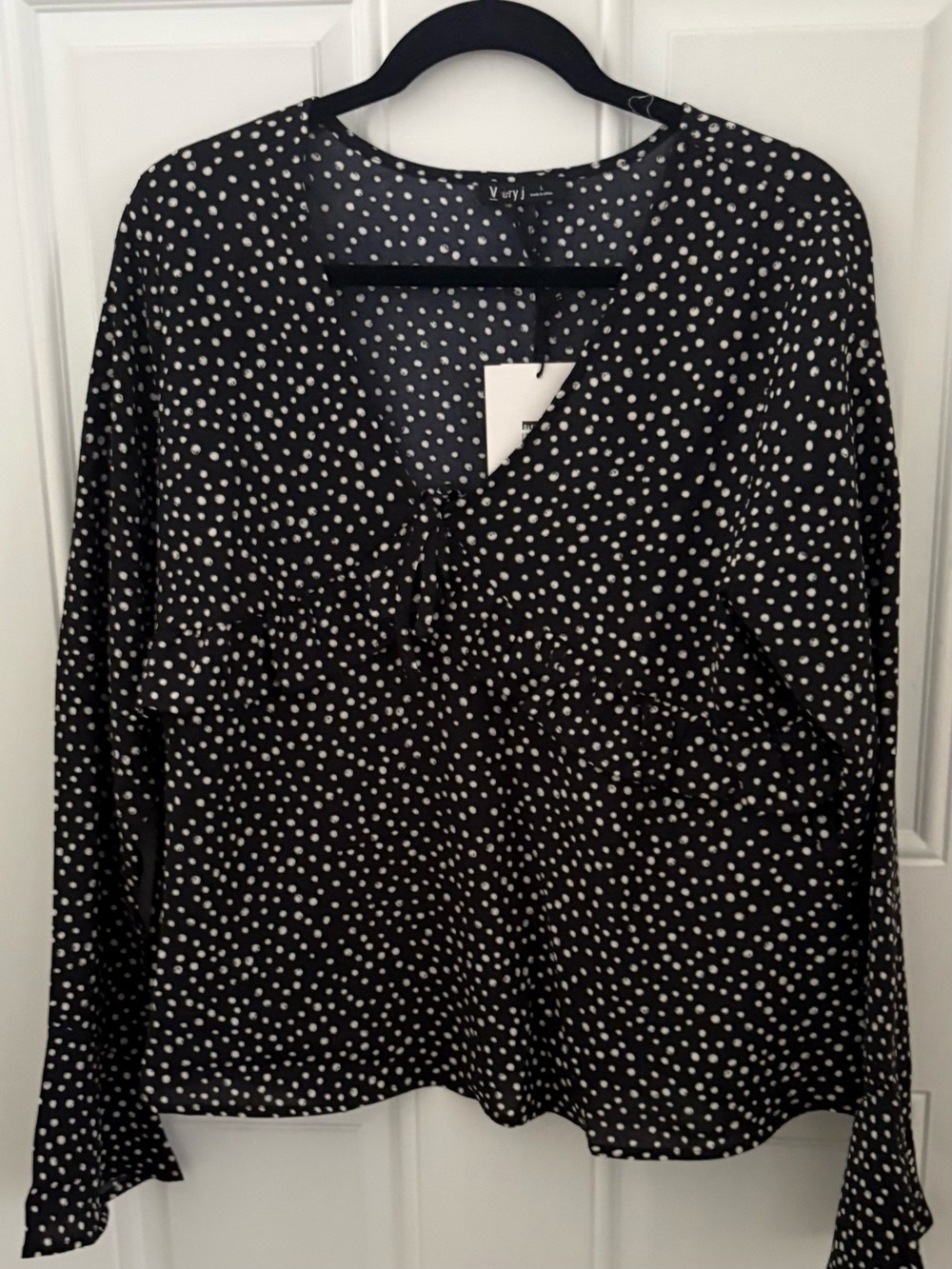 Very J Black Blouse with White Polka Dots